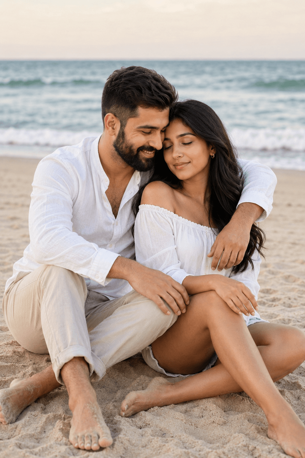 Romantic Beach Couple Portrait Prompt | Cinematic Sunset Love Scene AI Photo Prompt