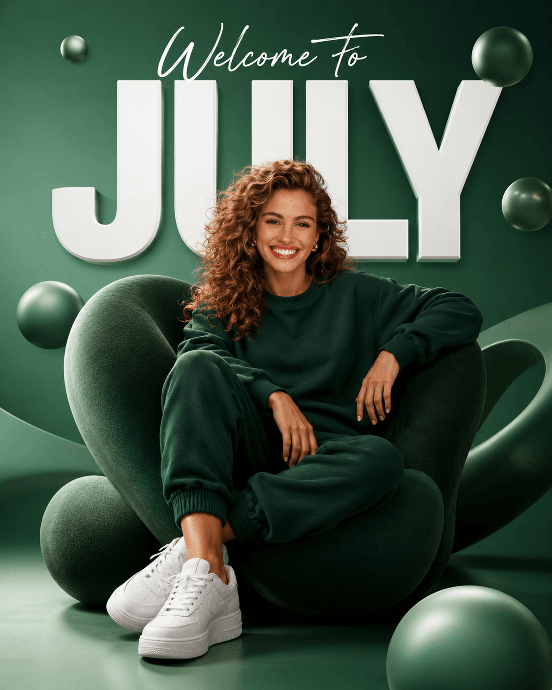 3D July Promotional Poster AI Prompt | Luxury Green Social Media Portrait | Photorealistic Face Reference | ChatGPT & AI Image Generator