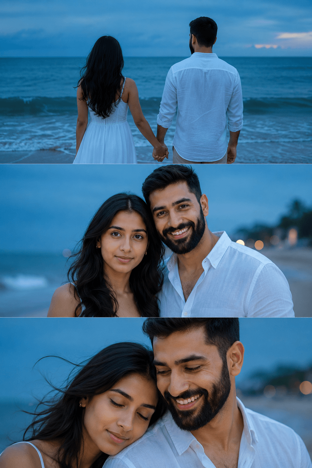 Cinematic Beach Couple Storyboard Prompt | Ultra Realistic 3-Panel Film Strip AI Prompt with Consistent Faces