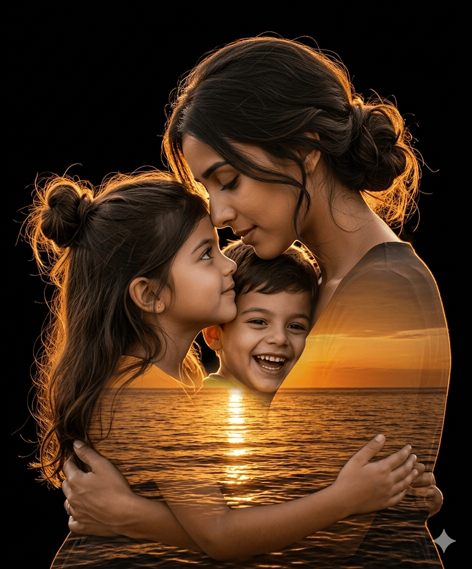 Cinematic Family Double Exposure Portrait Prompt | Emotional Mother & Children Fine Art AI Prompt