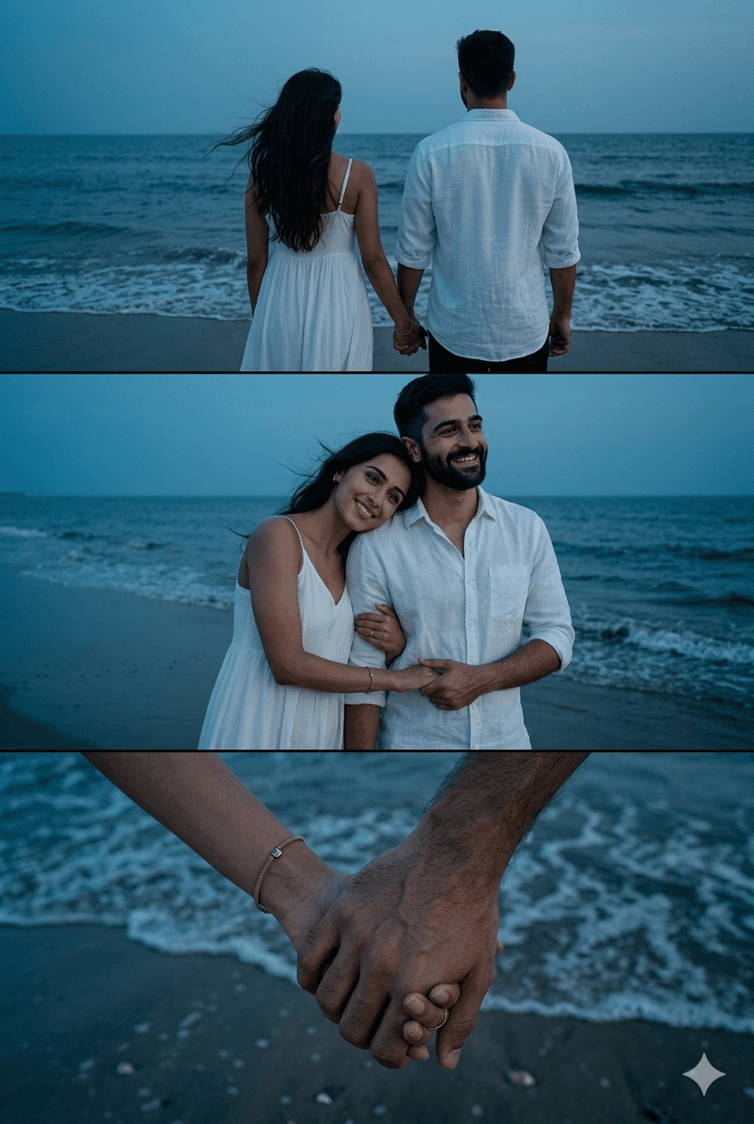 Cinematic Blue Hour Couple Storyboard - 3-Panel Film Strip Prompt