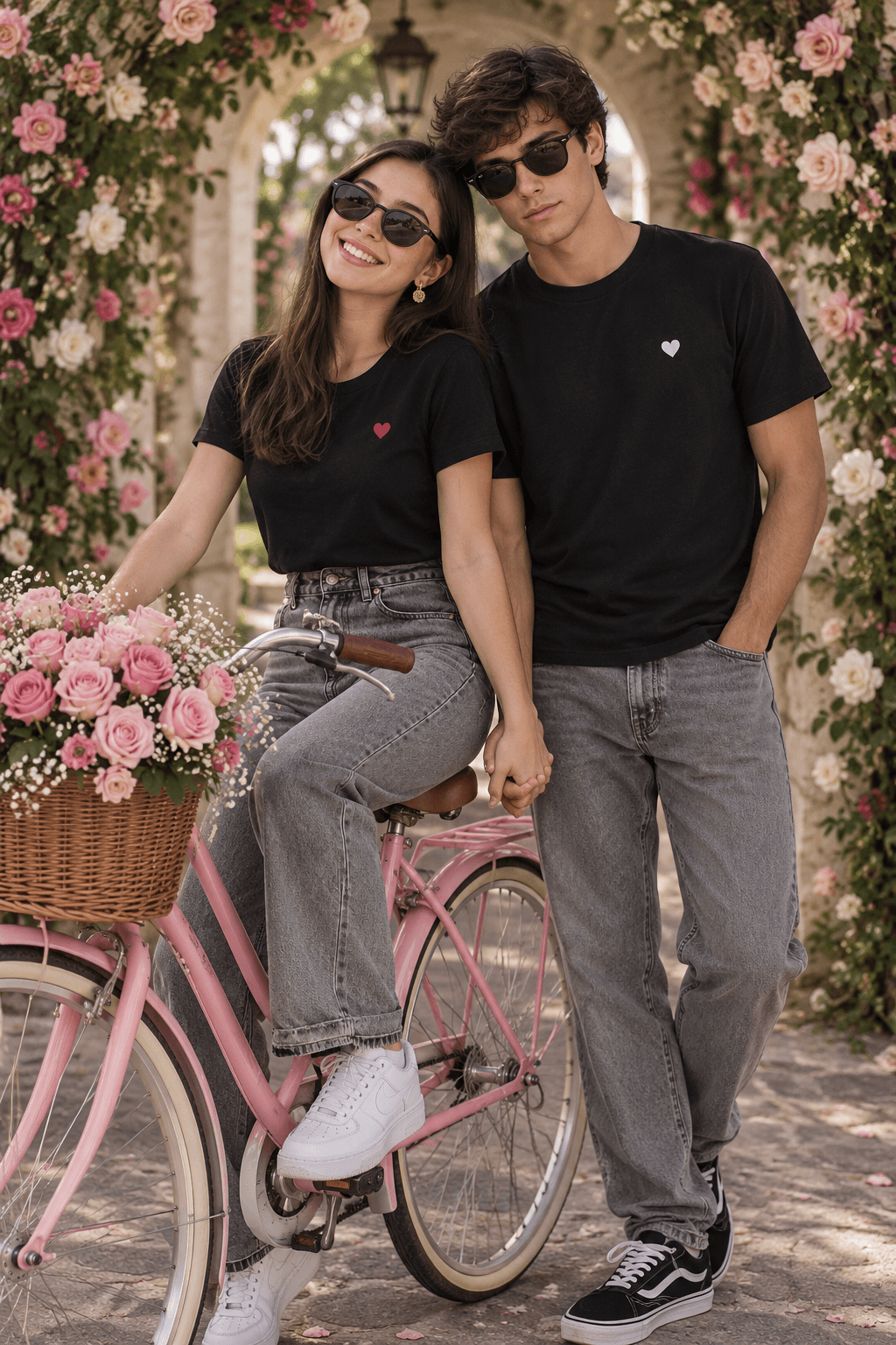 Romantic Couple Photoshoot AI Prompt | Pink Bicycle & Rose Archway