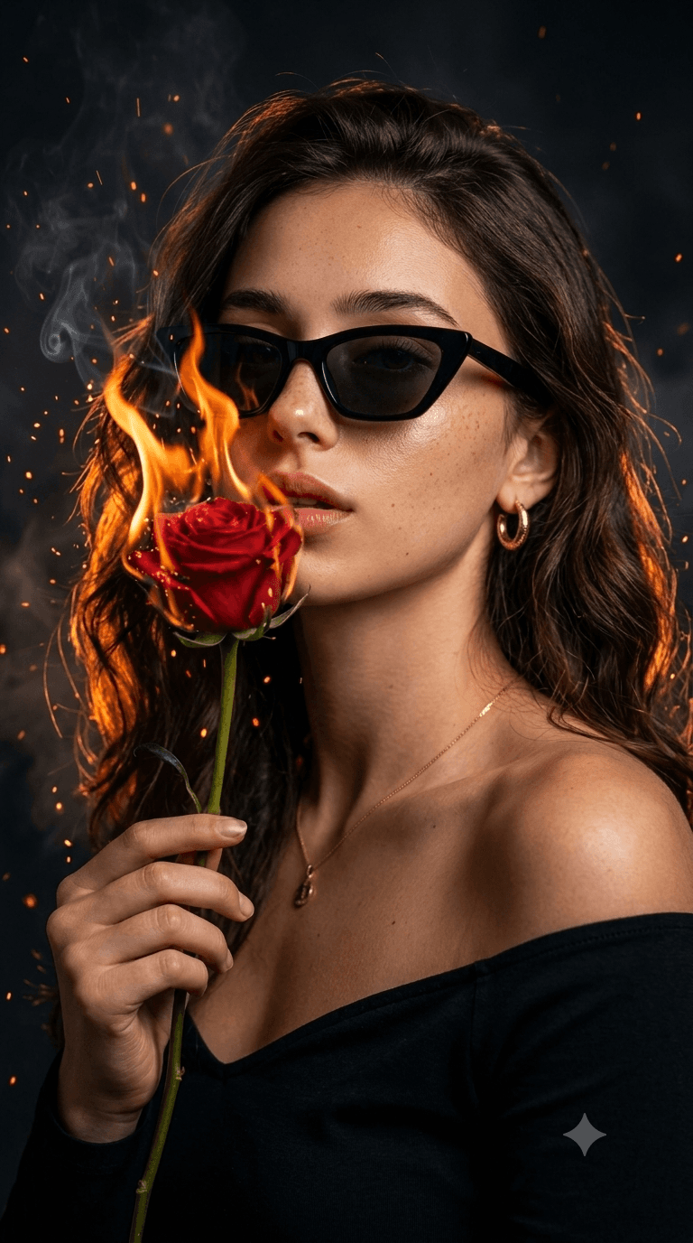 Cinematic Fiery Rose Editorial Portrait | AI Image Prompt