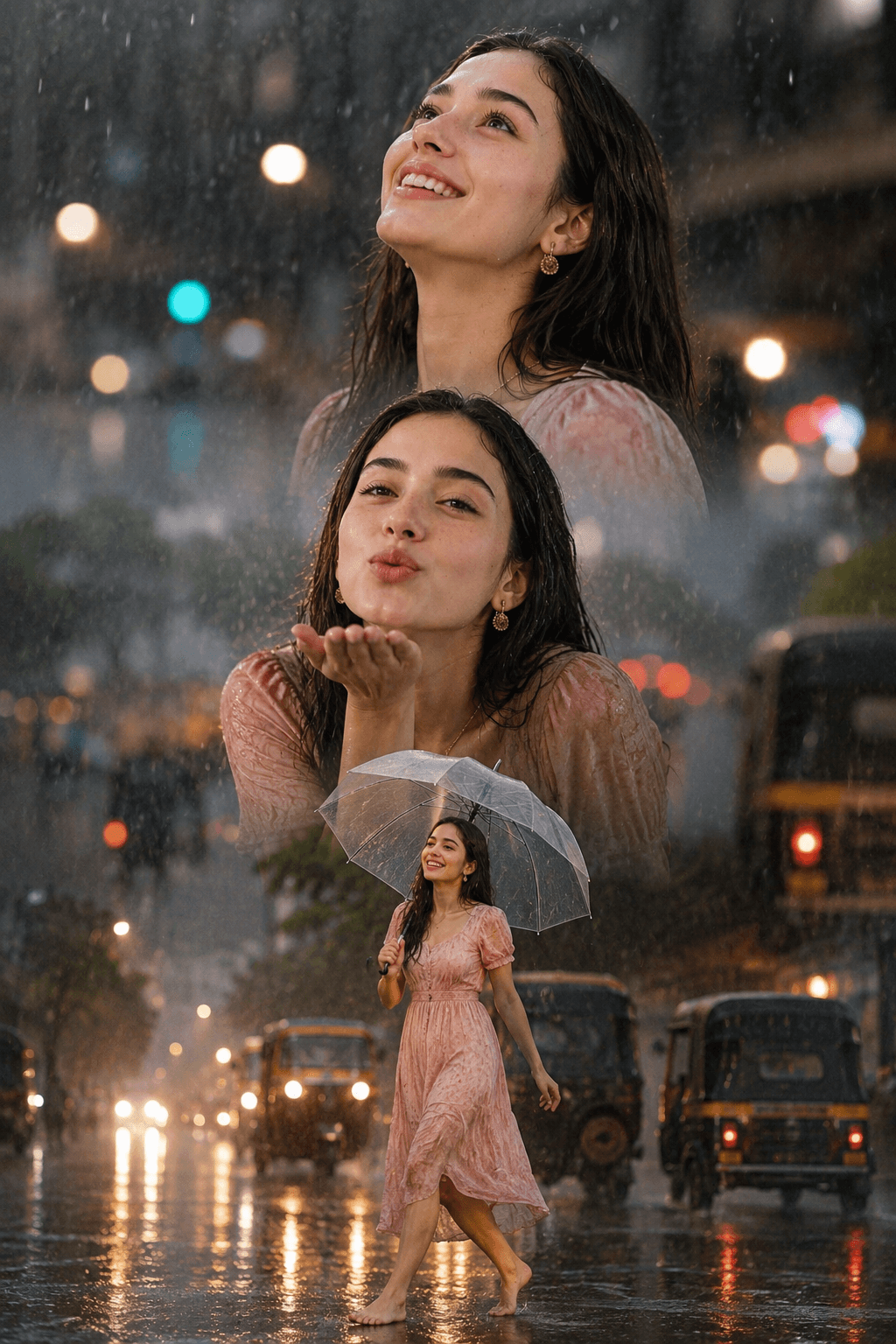 Triple Exposure Monsoon Rain Portrait Prompt | Cinematic AI Photo Prompt with Identity Reference