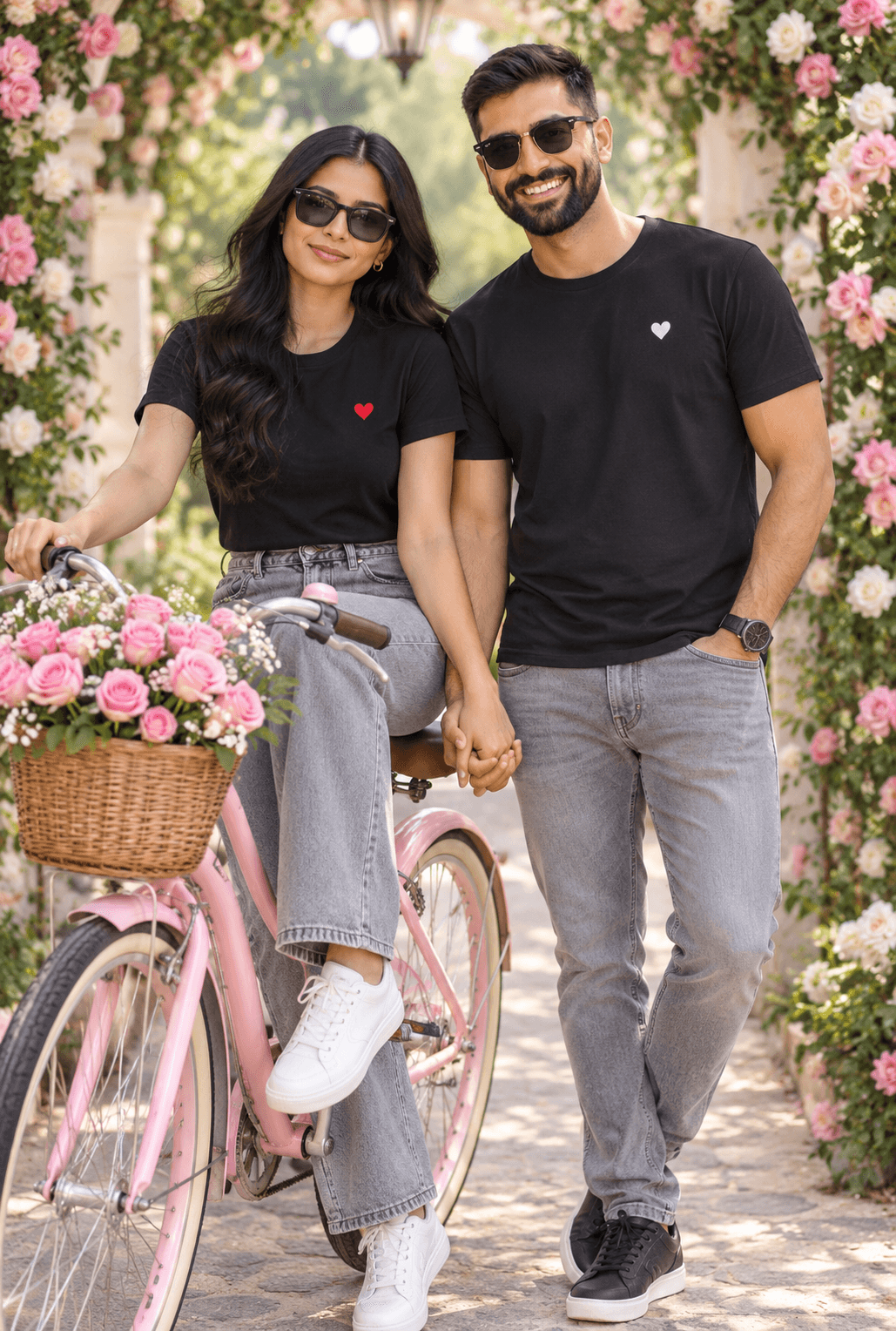 Romantic Couple Floral Archway AI Photo Prompt | Pink Bicycle Love Story