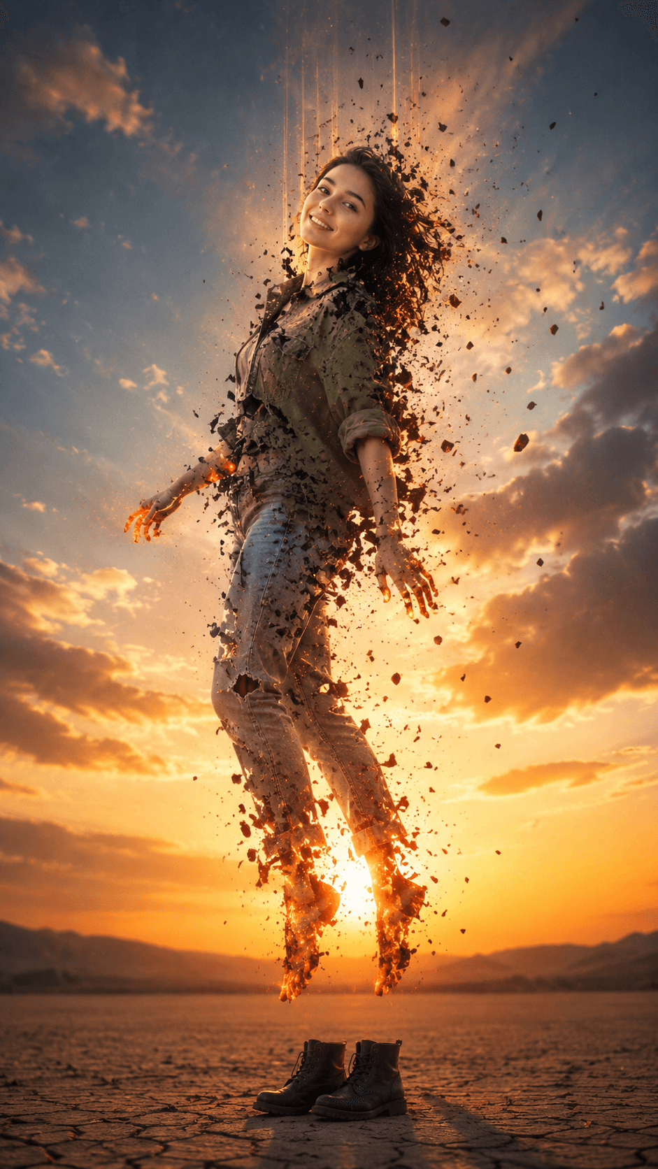 Ultra Realistic Floating Disintegration Portrait Prompt | Cinematic 8K Desert Ember Effect | AI Photo Prompt
