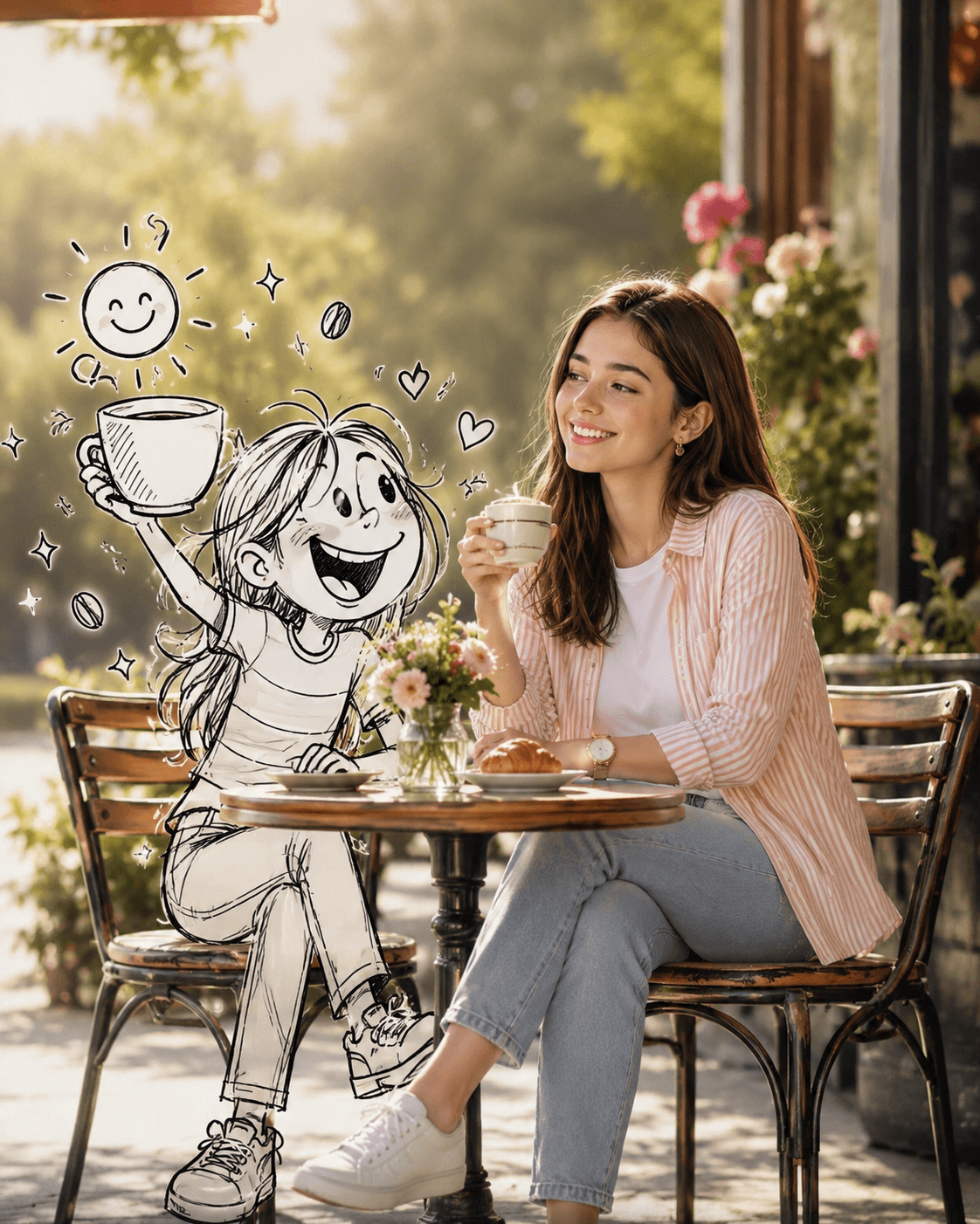 Ultra Realistic Lifestyle Morning Coffee Prompt with Line Art Character | AI Image Prompt for Facebook, Midjourney & ChatGPT