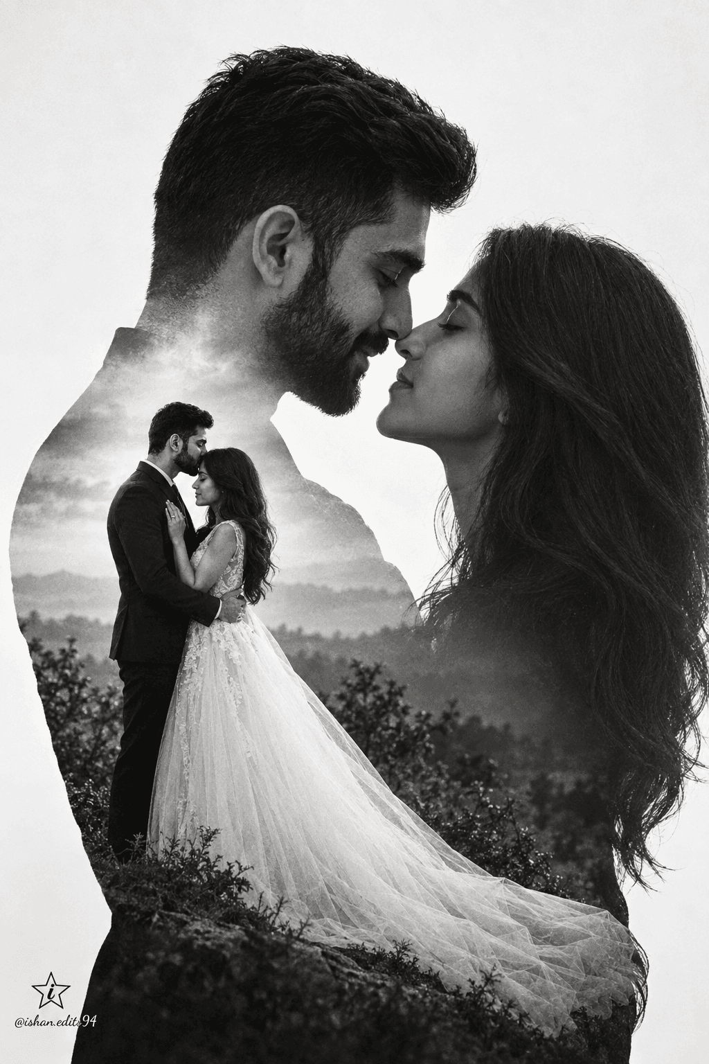 Romantic Black & White Wedding Double Exposure AI Photo Prompt | Fine Art Couple Portrait