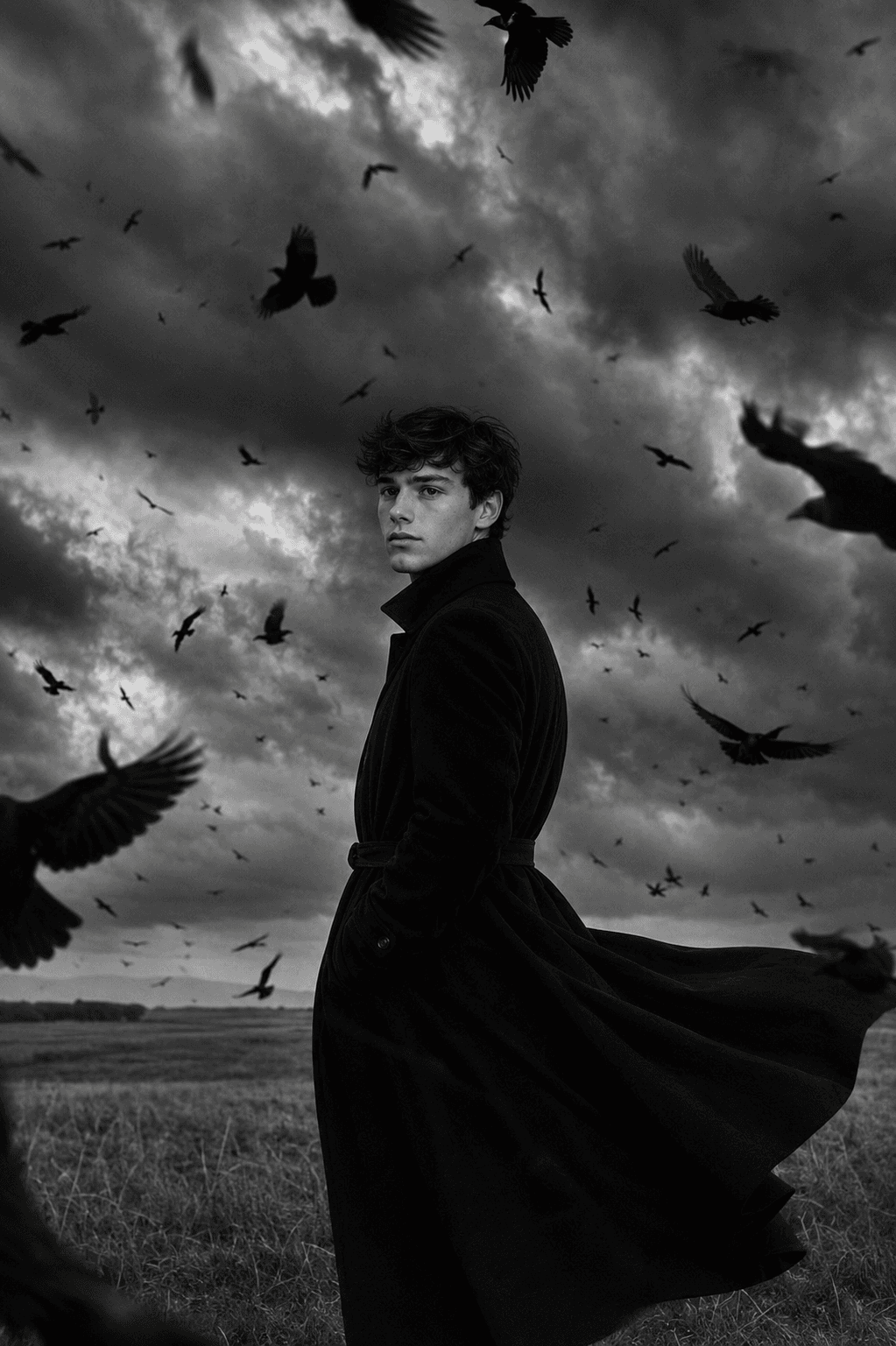 Dark Gothic Crow Portrait AI Image Prompt – Cinematic Black & White Fashion Photography