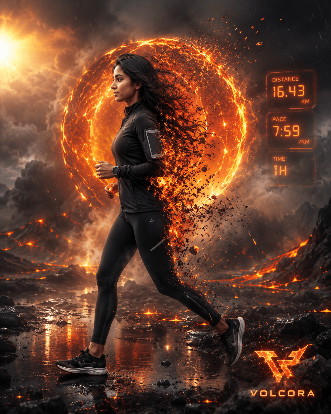 AI Runner Fire Portal Transformation Prompt | Hyper-Realistic Volcanic Cinematic Portrait | Flux, Midjourney & GPT Image Generator