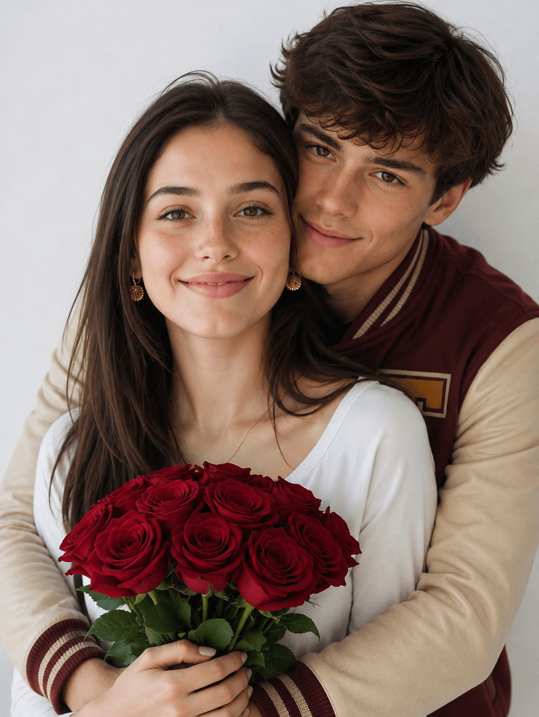 Romantic Couple Hug AI Photo Prompt | Realistic Rose Bouquet Portrait