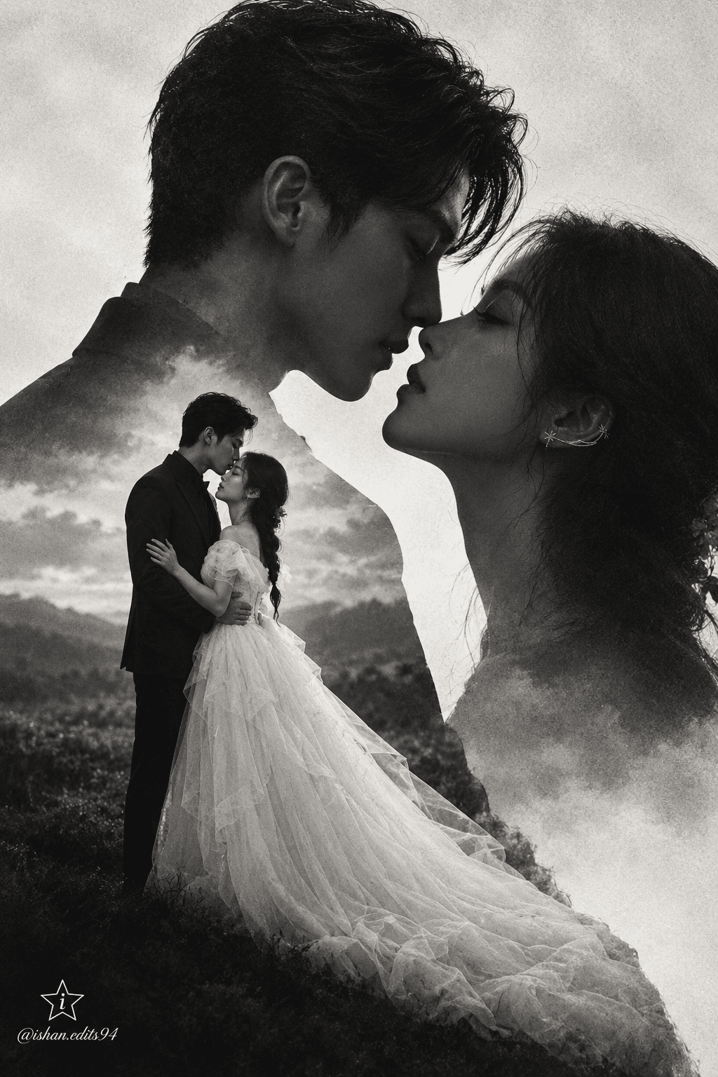 AI Wedding Double Exposure Prompt | Romantic Black & White Fine Art Wedding Photography