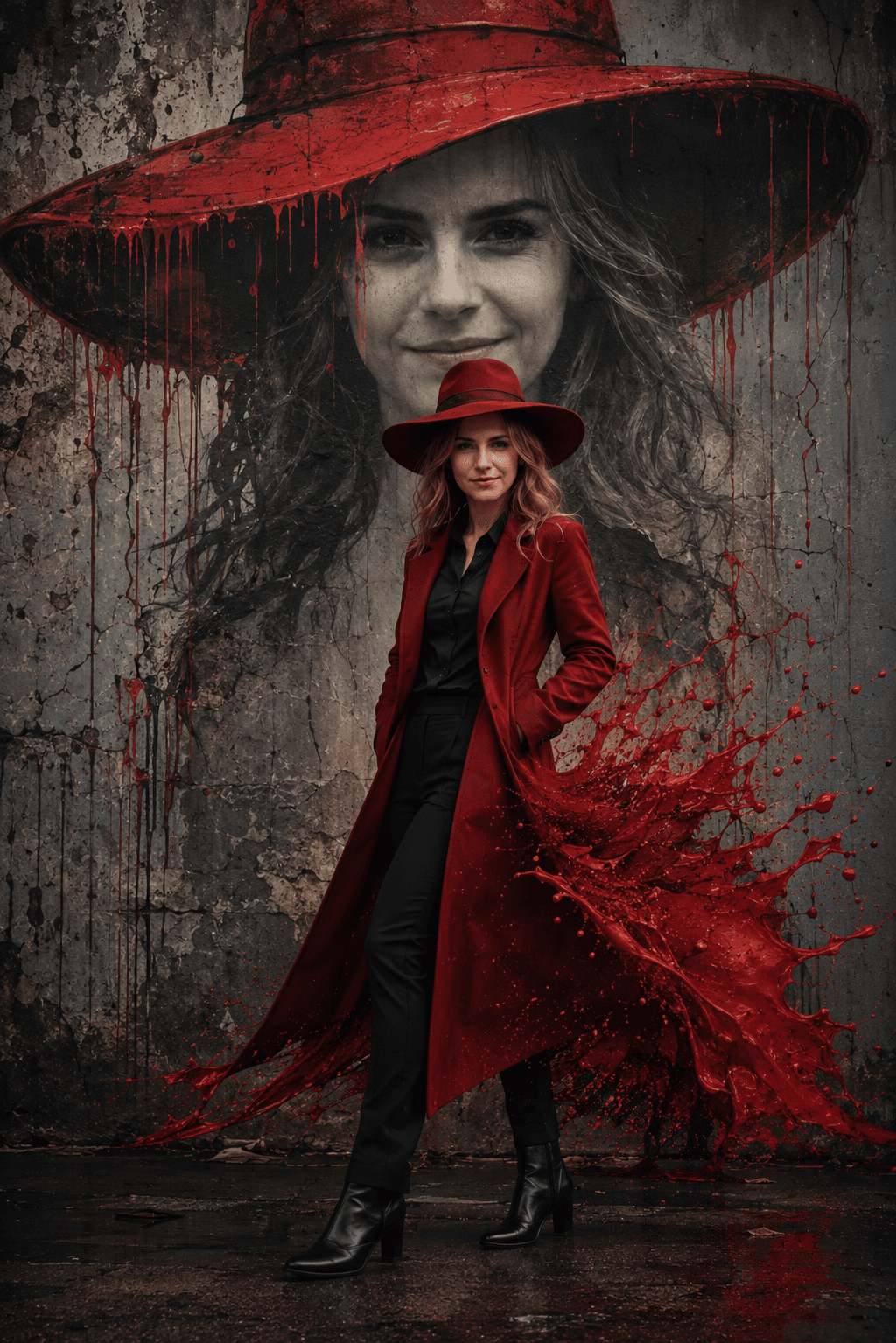 Cinematic Surreal Street Art Portrait AI Prompt | Red Paint Splash Wall Mural | Photorealistic 8K Character Consistency