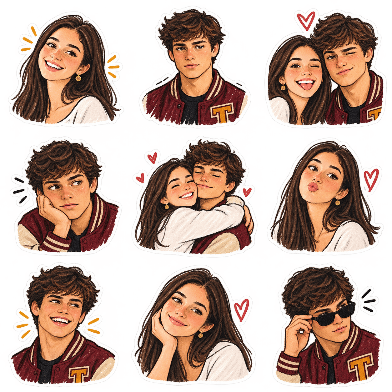 Hand-Drawn Couple Sticker Sheet Prompt | 9 Cute Character Stickers | 3×3 Transparent PNG Style