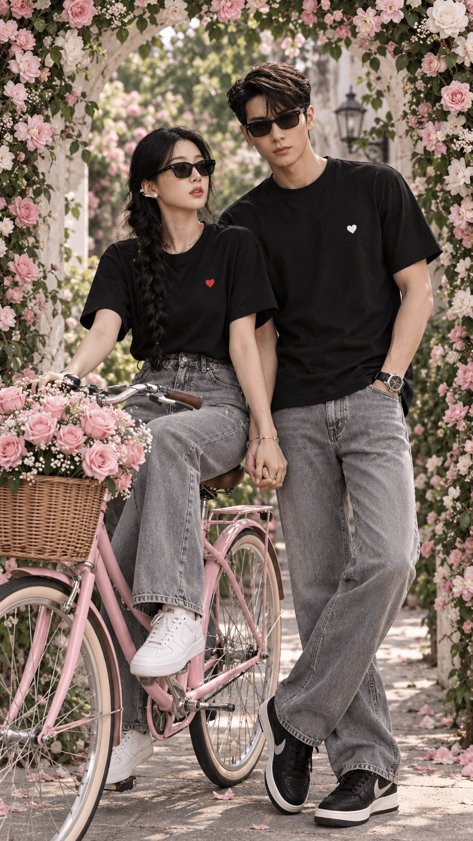 Romantic Couple Bicycle AI Photo Prompt | Pink Flower Archway Couple Portrait