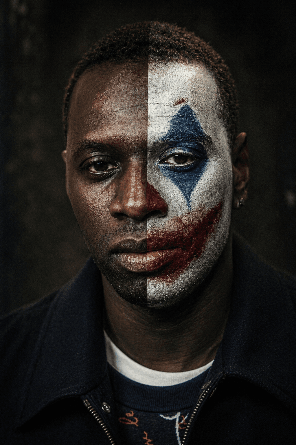 Half Face Joker Transformation Portrait Prompt | Cinematic Psychological Clown Makeup AI Photo Prompt