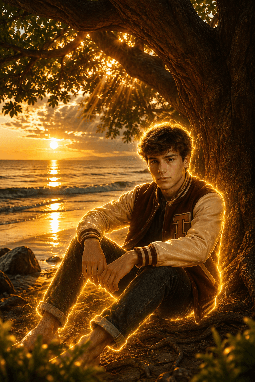 Golden Hour Beach Aura Portrait Prompt | Cinematic Photorealistic AI Photo with Glowing Outline