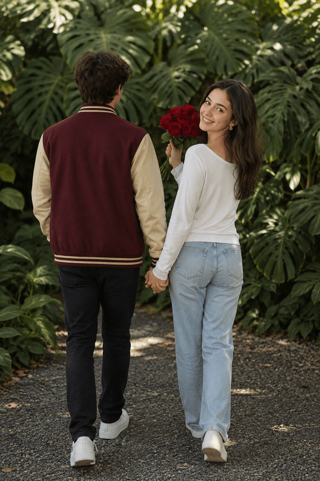 Romantic Couple Walking Away AI Photo Prompt | Monstera Garden & Red Roses
