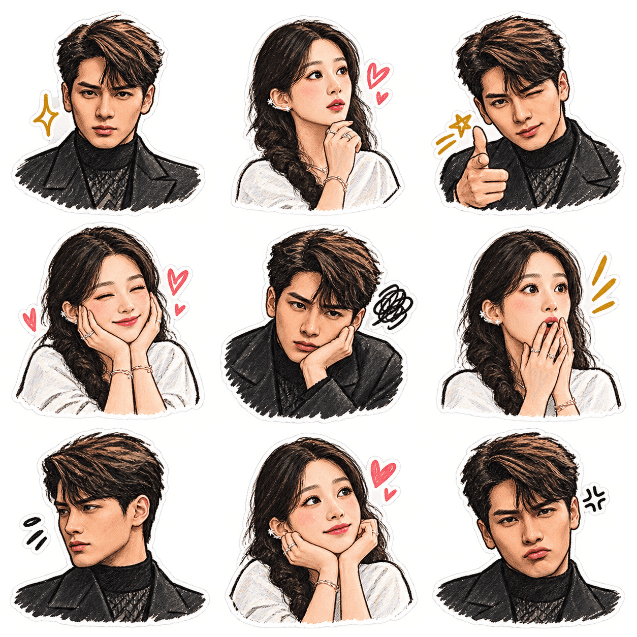 AI Hand-Drawn Sticker Pack Prompt | 9-Piece 3×3 Transparent Sticker Sheet | Character Sticker Generator Prompt