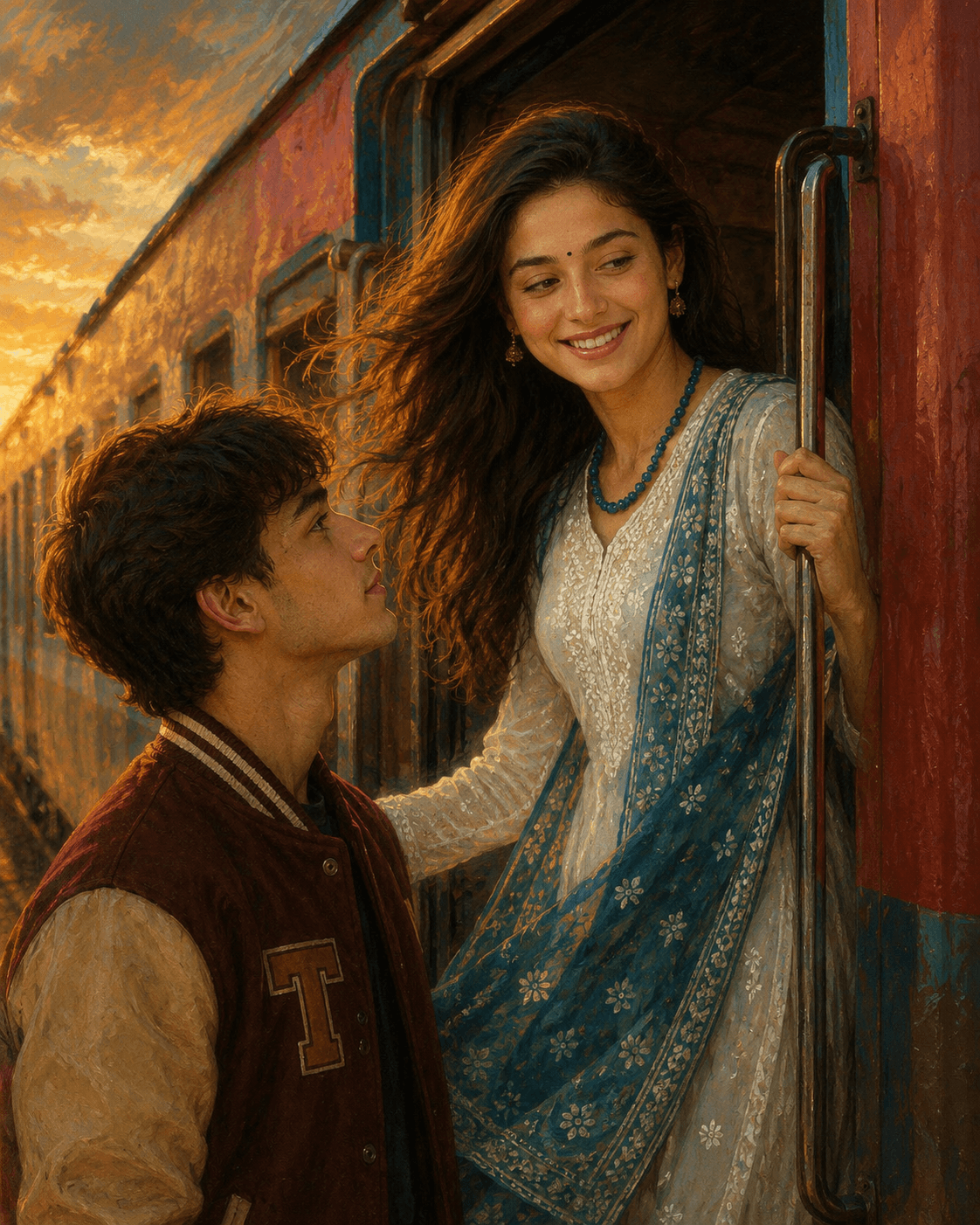 Romantic Train Couple AI Prompt | Cinematic Oil Painting preview 3