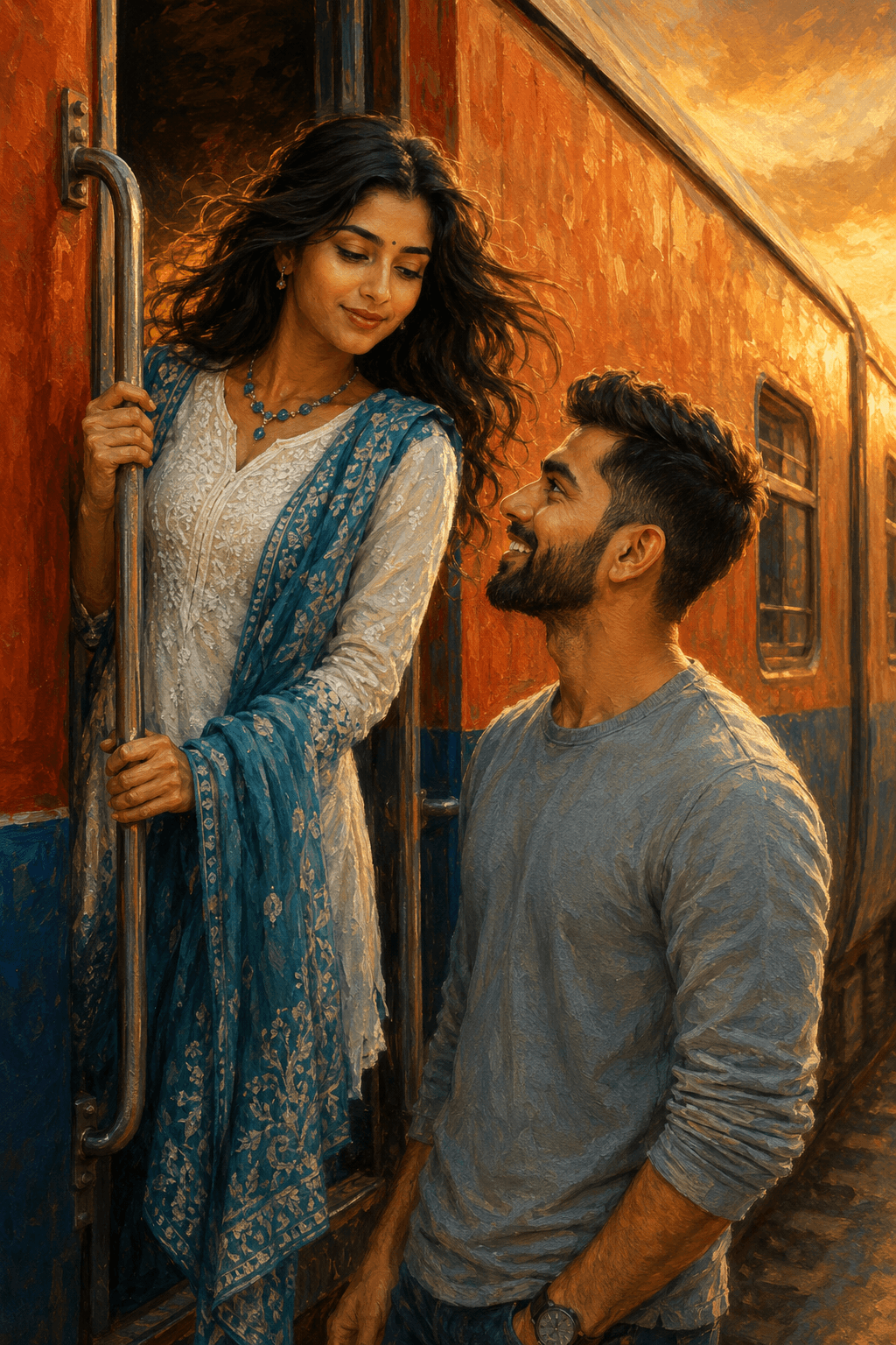 Romantic Train Couple AI Prompt | Cinematic Oil Painting preview 1