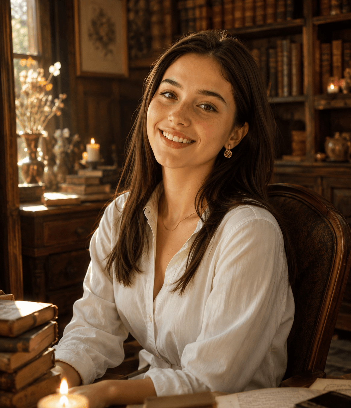 Vintage Reading Room Portrait Prompt | Cozy Library Editorial AI Photo Prompt | Ultra Realistic Character Scene