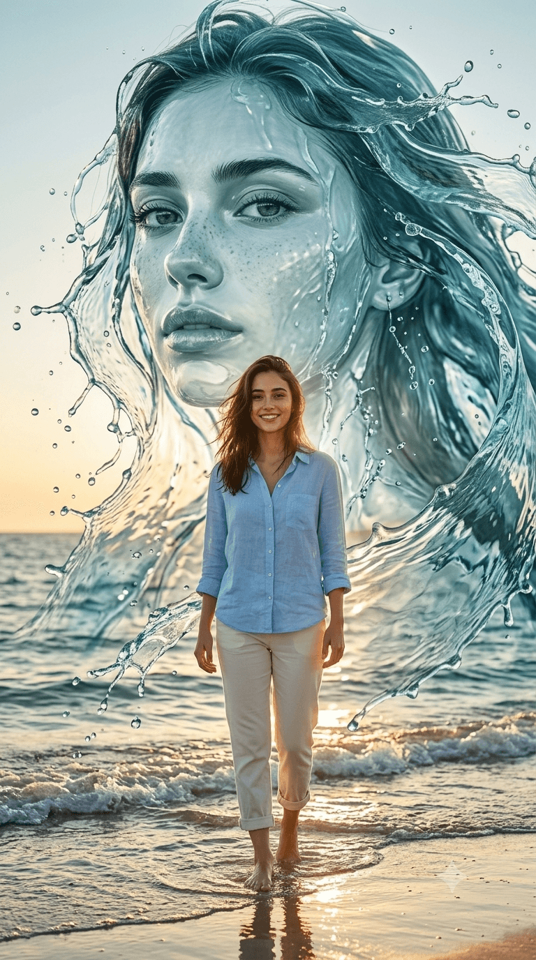 Surreal Ocean Water Sculpture Portrait AI Prompt | Cinematic Sunset Editorial