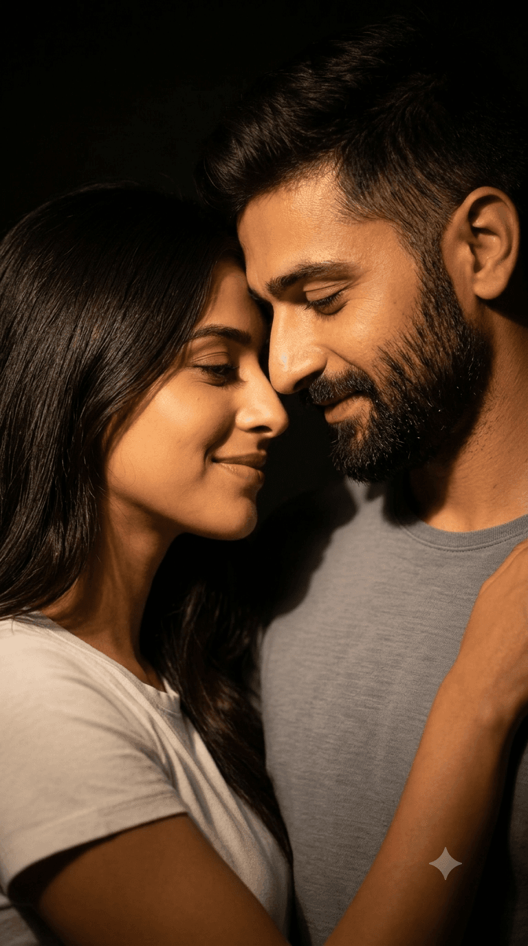 Cinematic Romantic Couple AI Prompt | Warm Spotlight Portrait | Photorealistic AI Photo