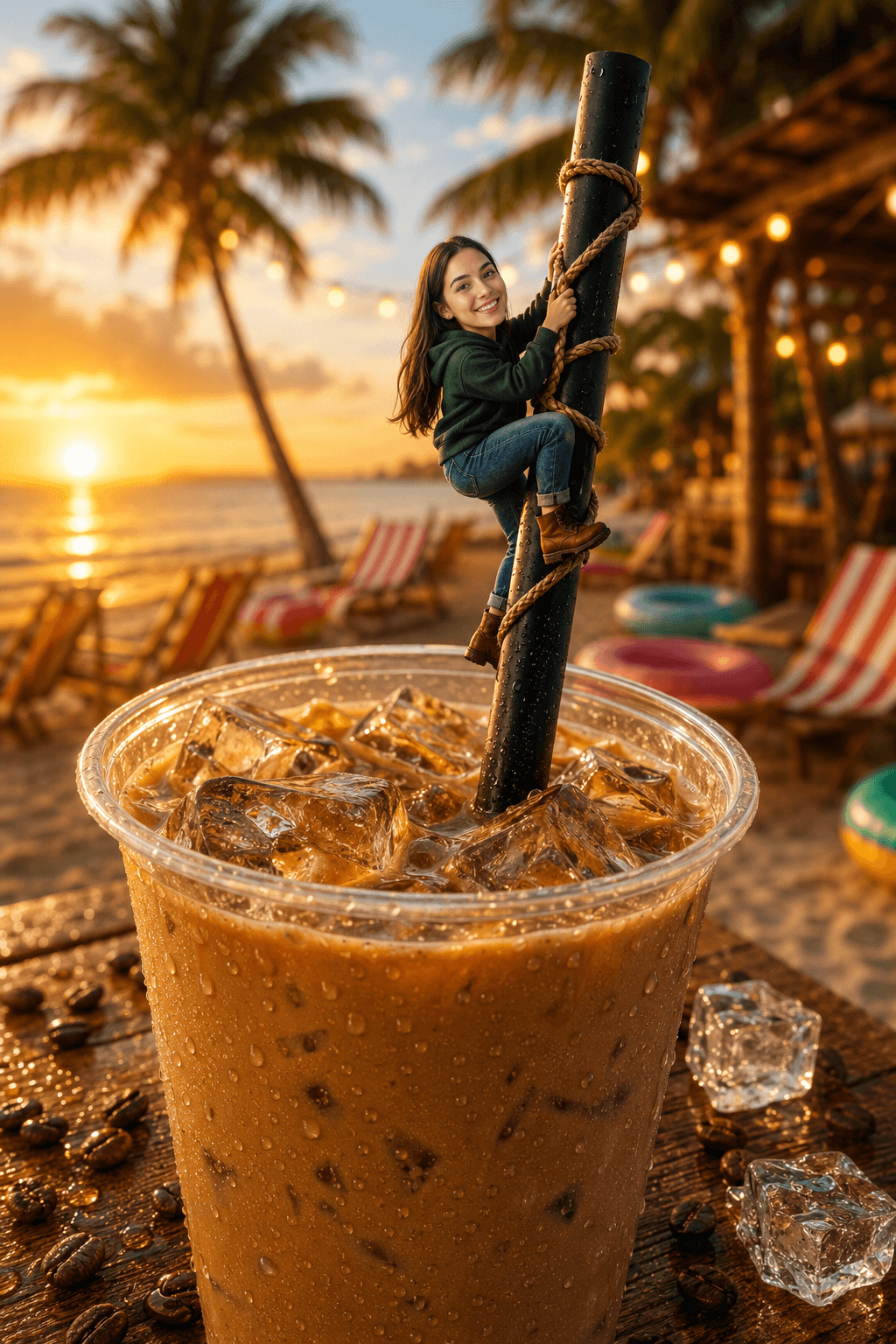 Miniature Woman Climbing Giant Iced Coffee Prompt | Hyper Realistic Pixar Style Macro Photography AI Image Prompt | FLUX, Midjourney, ChatGPT, SDXL