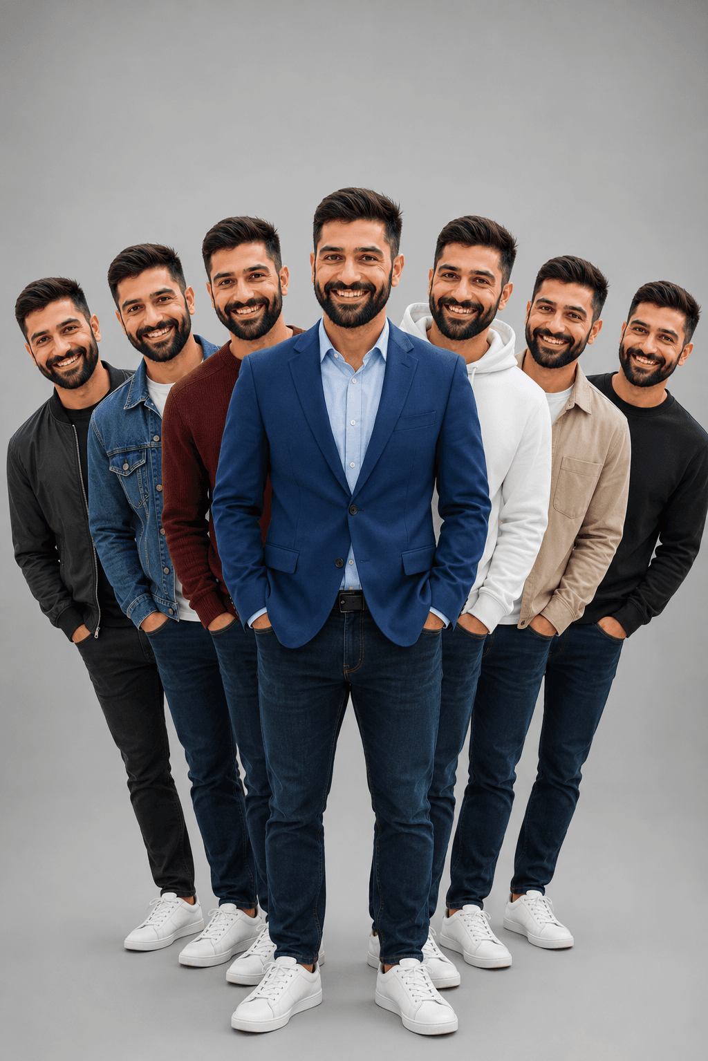 7 Outfit AI Portrait Prompt – Ultra Realistic Multi Clone Studio Fashion Photo Generator