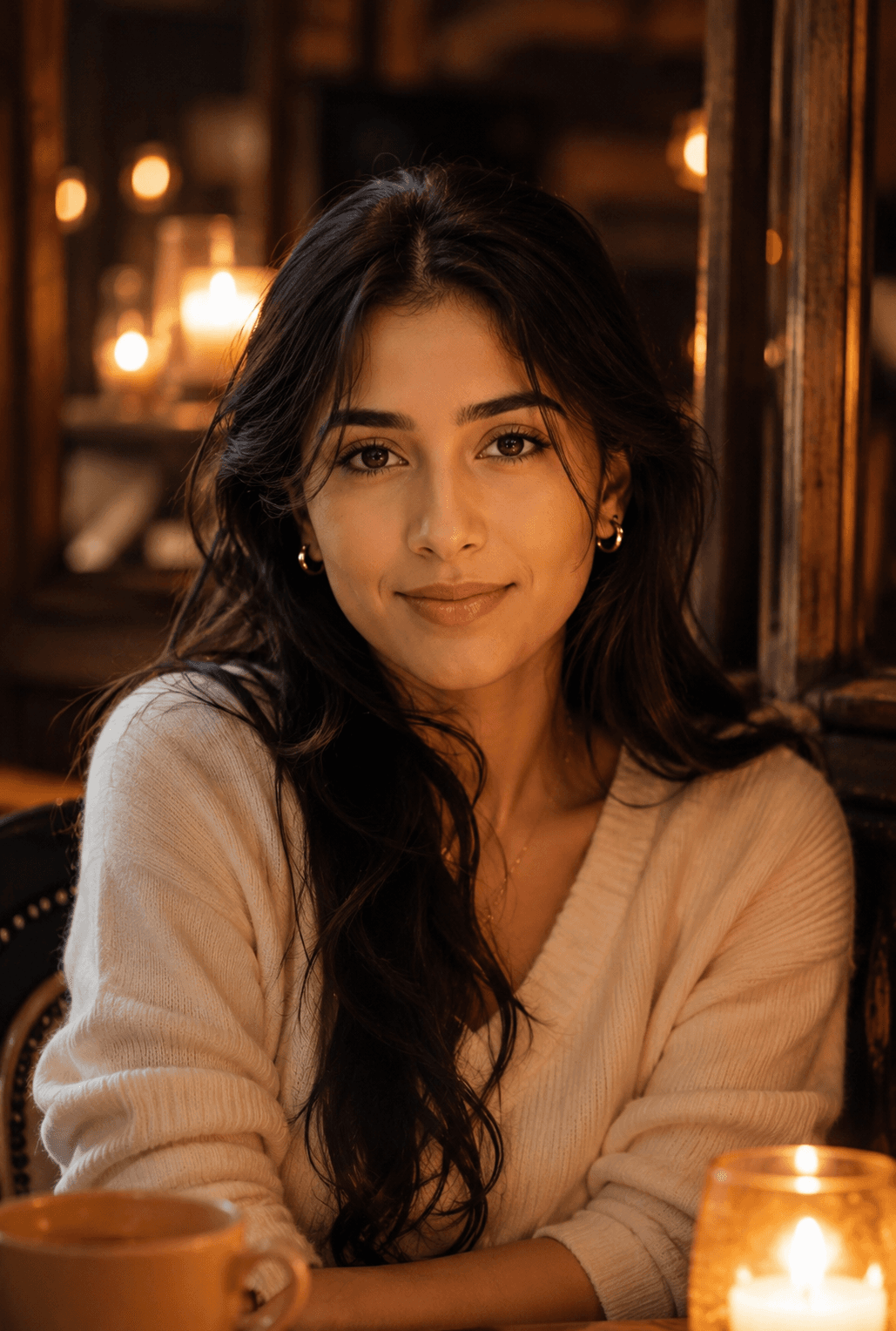 Warm Candlelit Café Portrait AI Prompt | Luxury Editorial Cinematic Photo | Ultra Realistic 85mm Photography Prompt