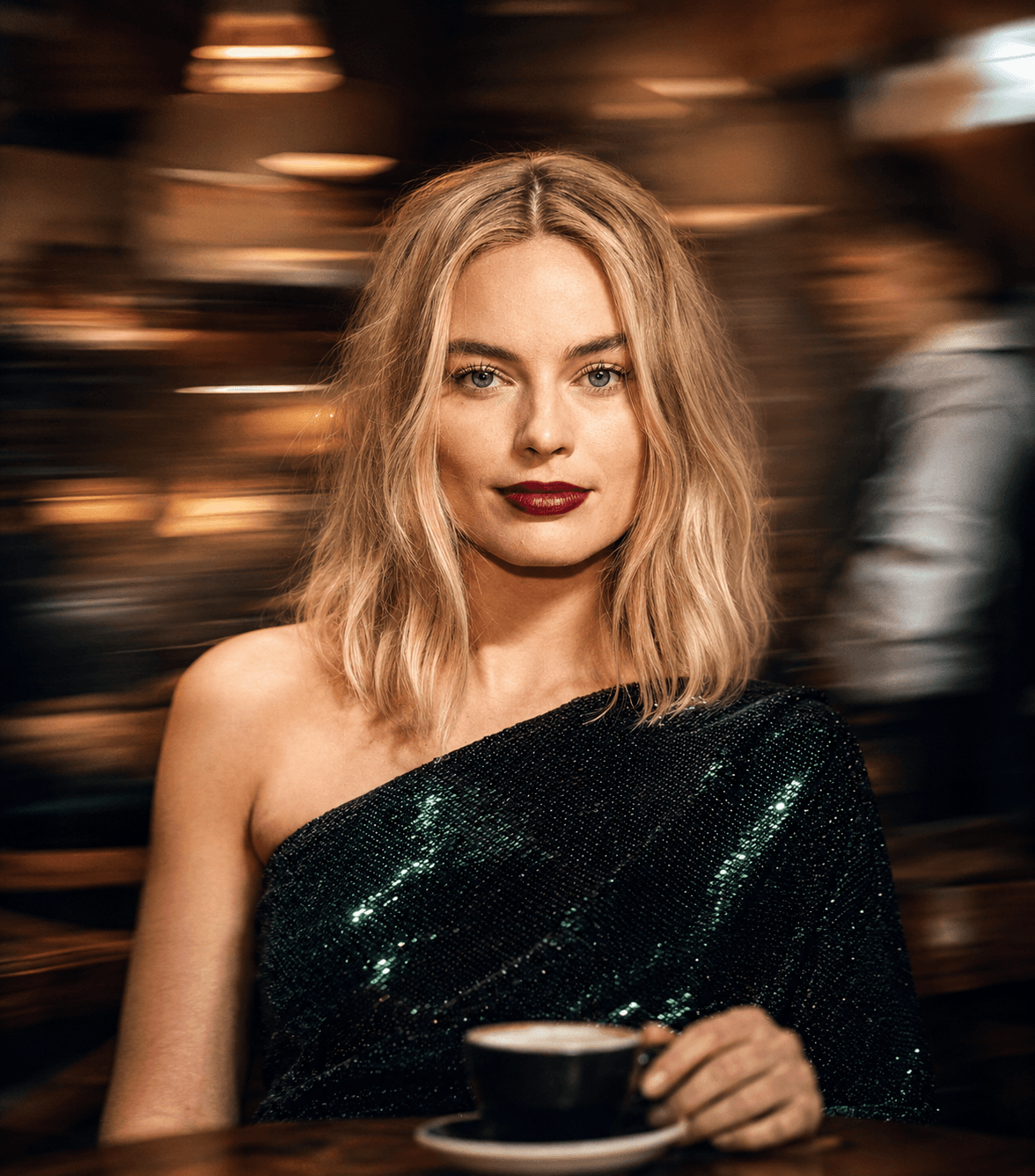 Premium Café Cinematic Motion Blur Portrait Prompt | Luxury Coffee Shop Editorial AI Photo