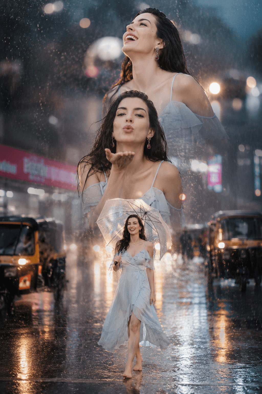 Triple Exposure Monsoon Rain Cinematic Photo Prompt | Realistic AI Portrait Generator
