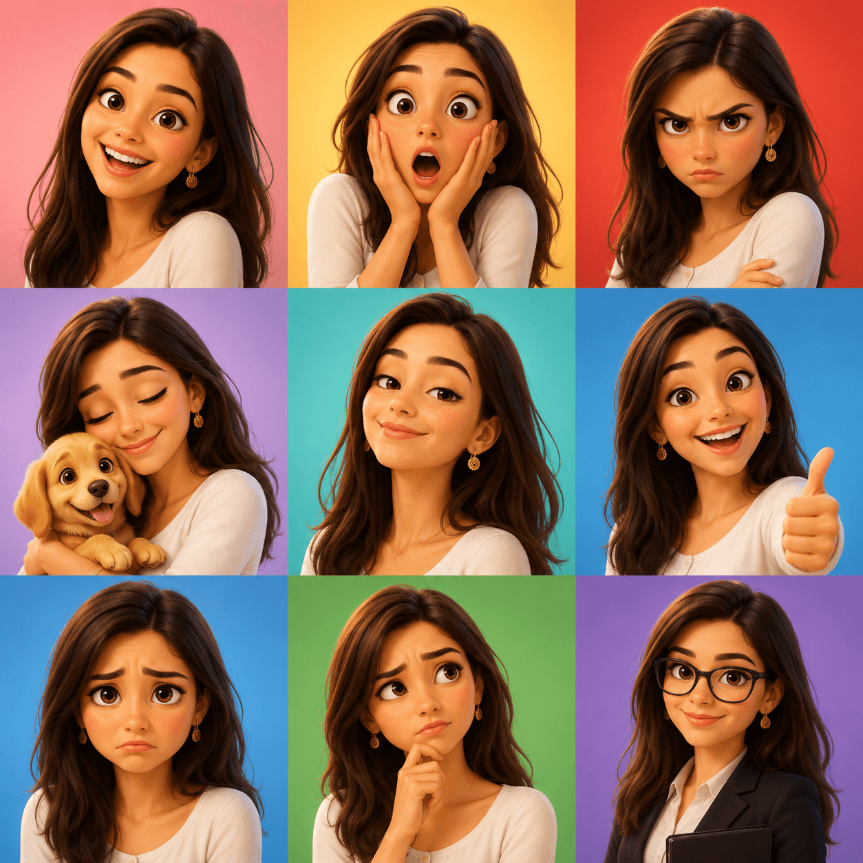 3D Cartoon Avatar Prompt | Pixar Style Character Emotions 3x3 Grid | AI Portrait Prompt for ChatGPT & DALL·E