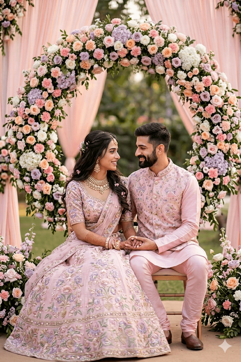 Elegant Pastel Pink South Asian Wedding Couple Portrait, High-Resolution Editorial Style