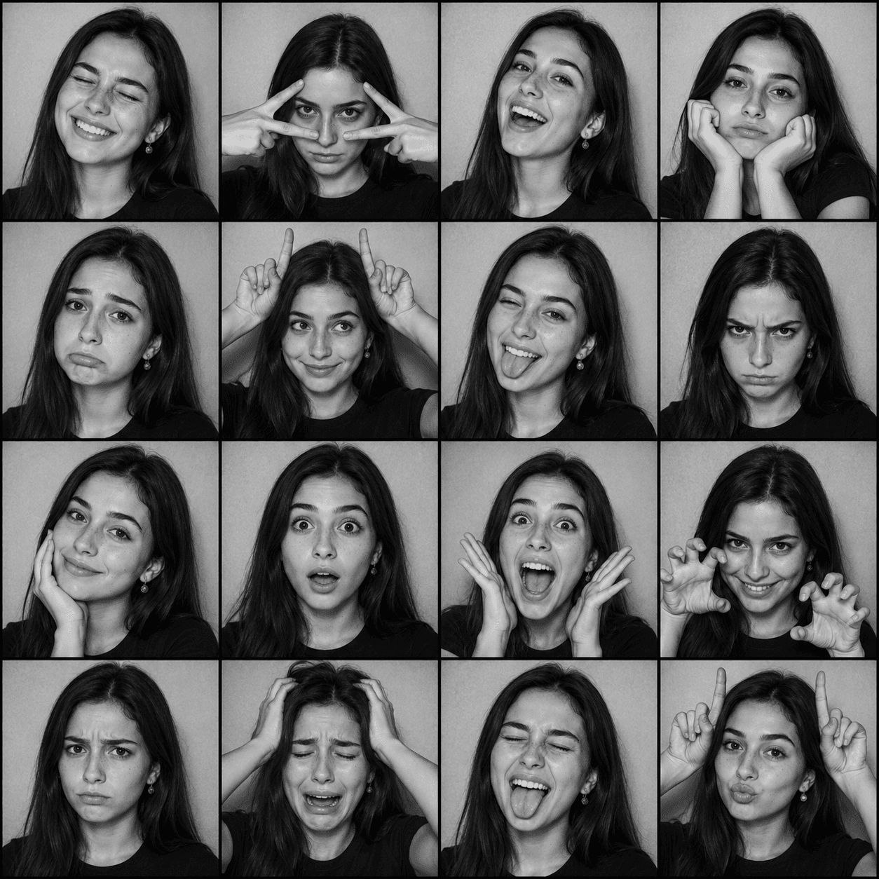 Black & White Photobooth Expression Grid AI Prompt | 4x4 preview 3