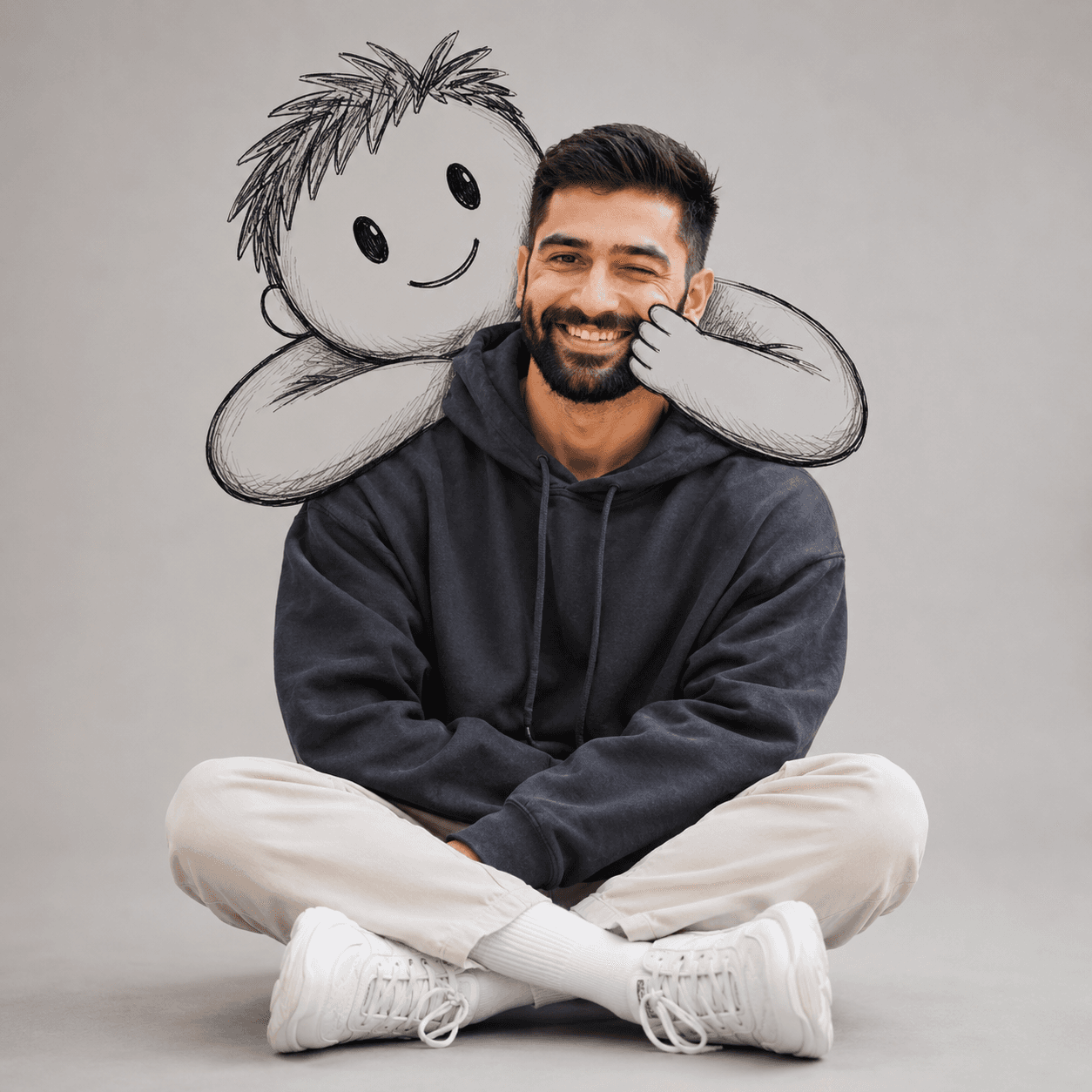 Premium Photorealistic Minimalist Portrait with Cute Doodle Hug | AI Photo Editing Prompt | Editorial Studio Portrait | ChatGPT & Image Generator Prompt