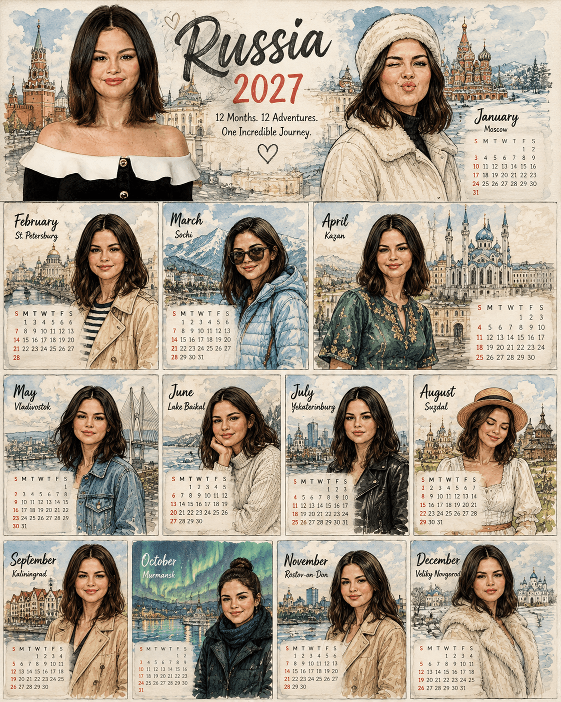 2027 Travel Calendar AI Prompt | Watercolor Ink Sketch | preview 2