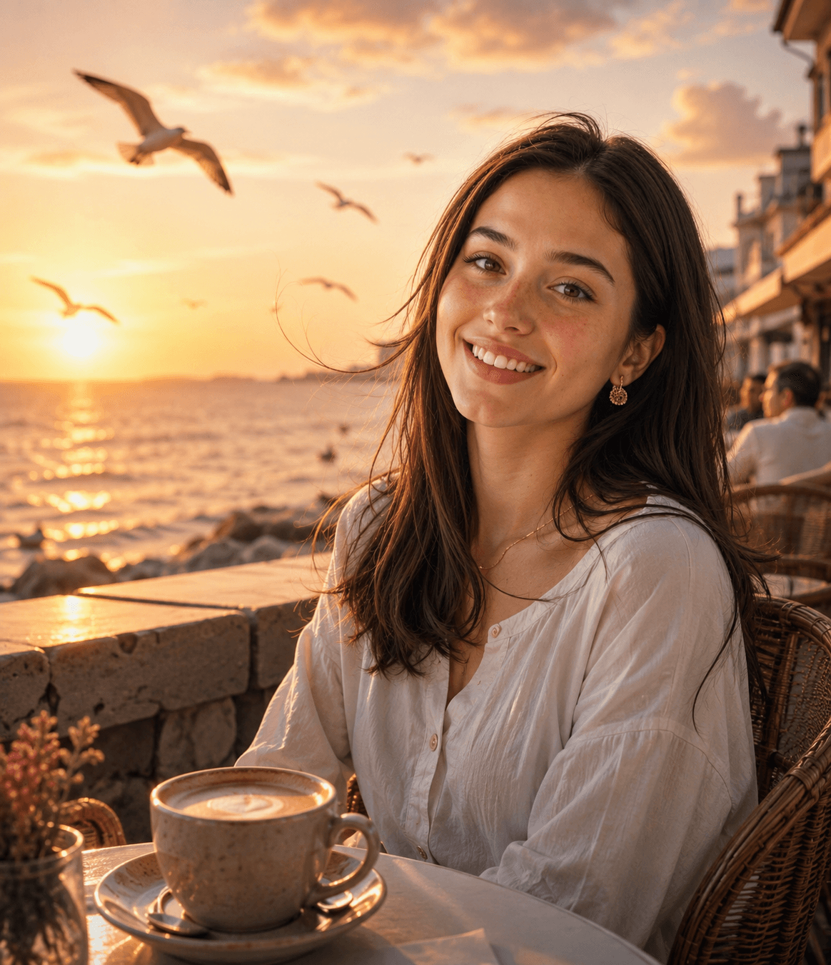 Cinematic Seaside Café Portrait at Golden Hour | Luxury Editorial AI Photo Edit