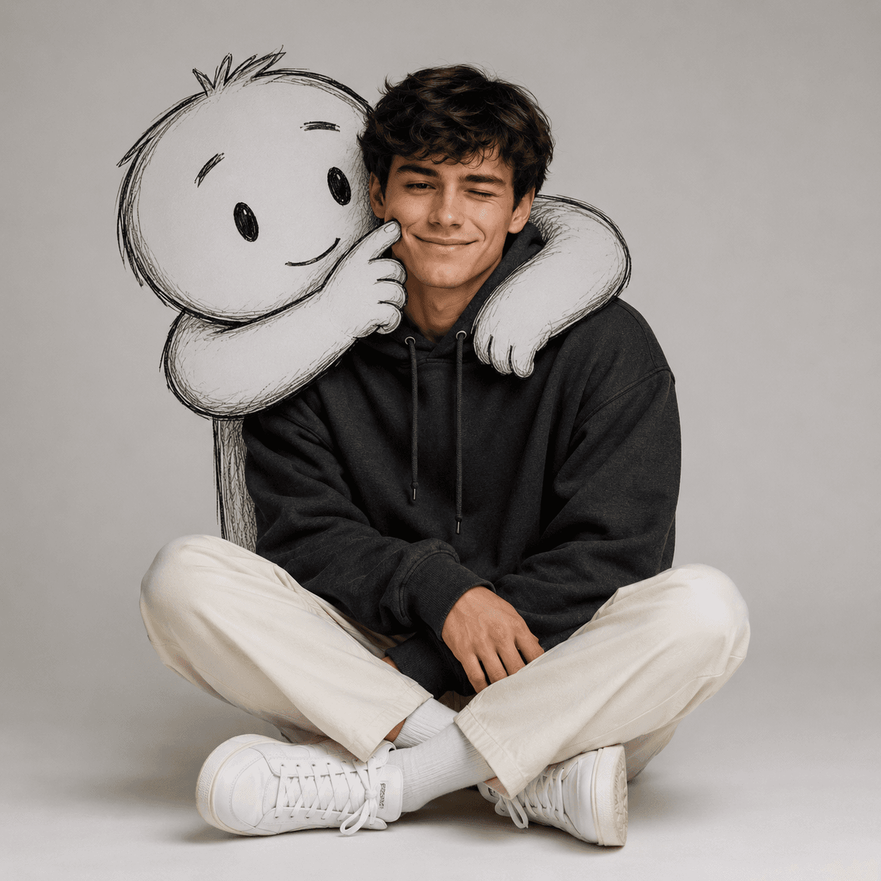 Premium Photorealistic Portrait Prompt with Cute Doodle Hug | Minimalist Studio Editorial AI Photo Prompt