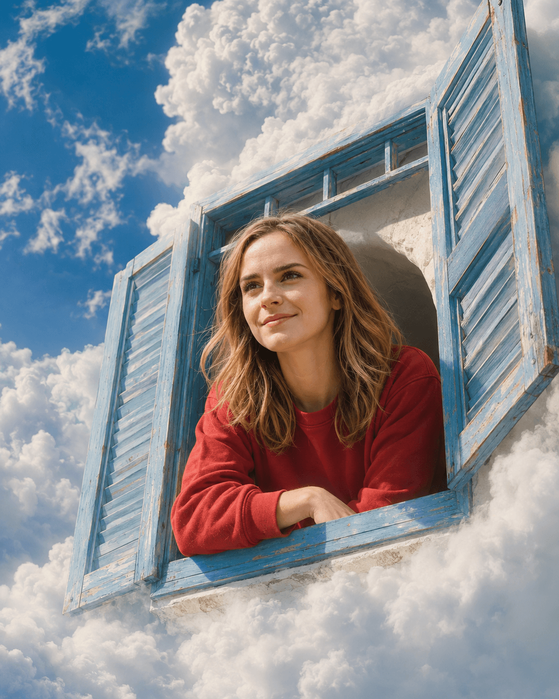 Surreal Floating Cloud Window Portrait AI Prompt | Ultra-Realistic 4K Dreamscape Photo