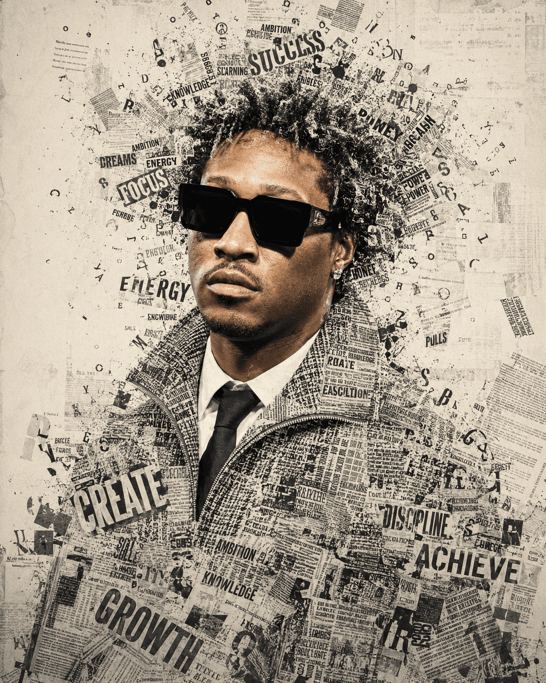 AI Typography Portrait Prompt | Newspaper Collage Mixed Media Art | Black & White Editorial Poster | Ultra Realistic Text Face | Midjourney, ChatGPT & Flux