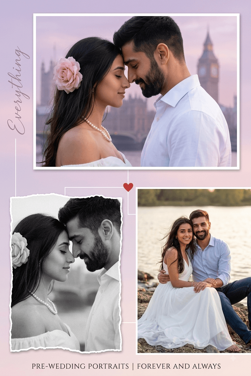 Romantic Pre-Wedding AI Prompt – Cinematic Couple Portrait Collage preview 1
