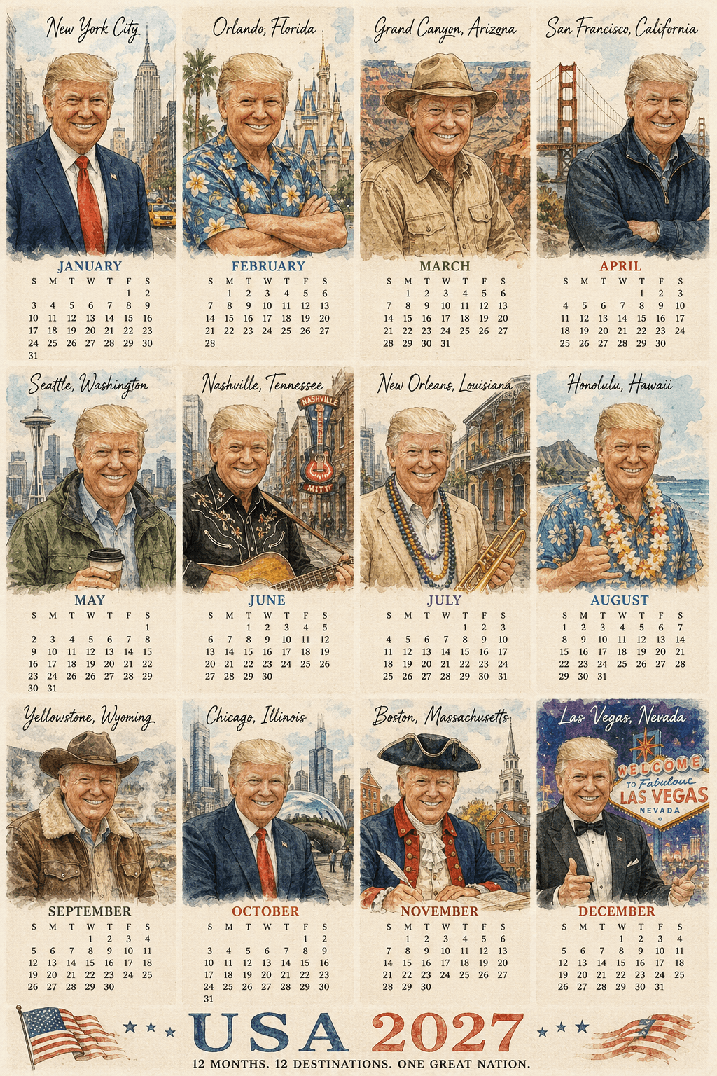 2027 Travel Calendar AI Prompt | Watercolor Ink Sketch | preview 3