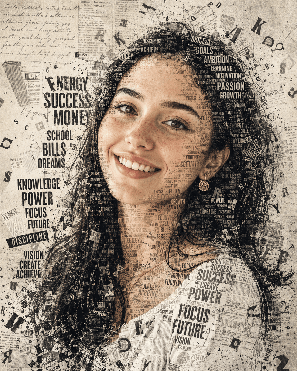 Monochrome Typography Portrait AI Prompt | Newspaper Collage Mixed Media Art | Realistic Editorial Poster | ChatGPT & AI Image Generator Prompt
