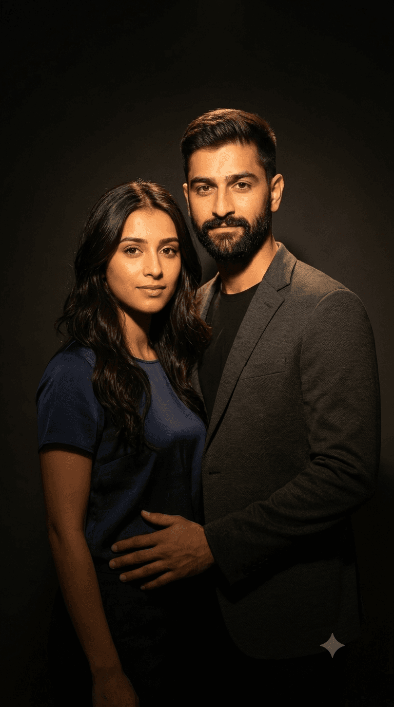 Cinematic Couple Studio Portrait AI Prompt | Realistic Warm Spotlight preview 4