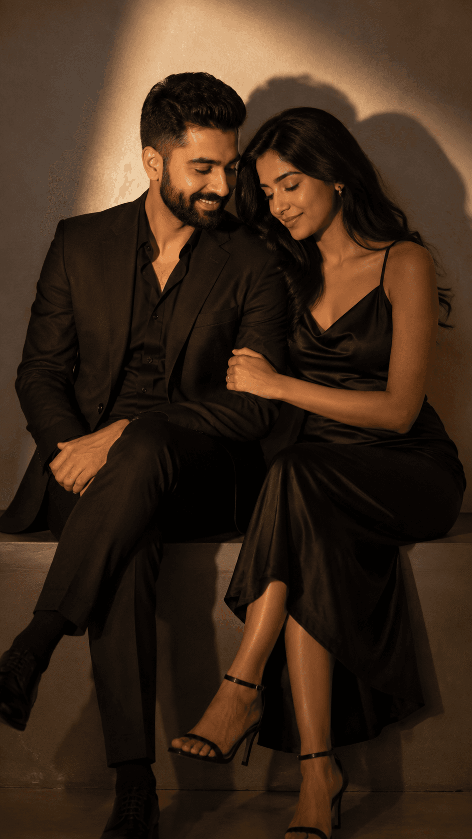 Cinematic Couple Studio Portrait AI Prompt | Realistic Warm Spotlight preview 1