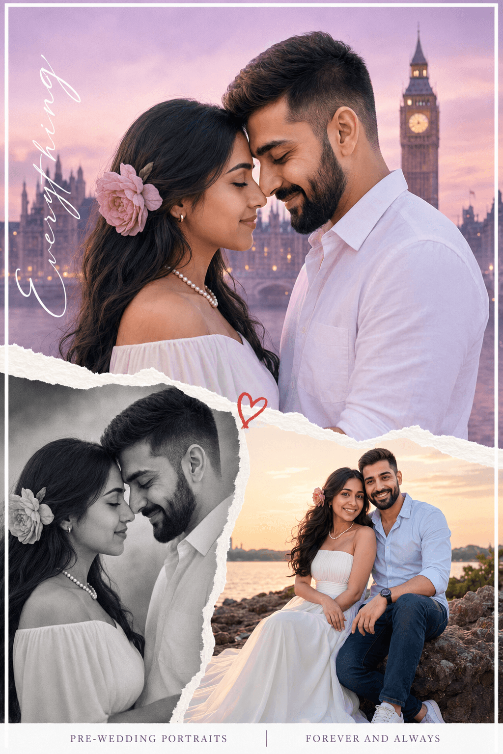 Romantic Pre-Wedding AI Prompt – Cinematic Couple Portrait Collage preview 3