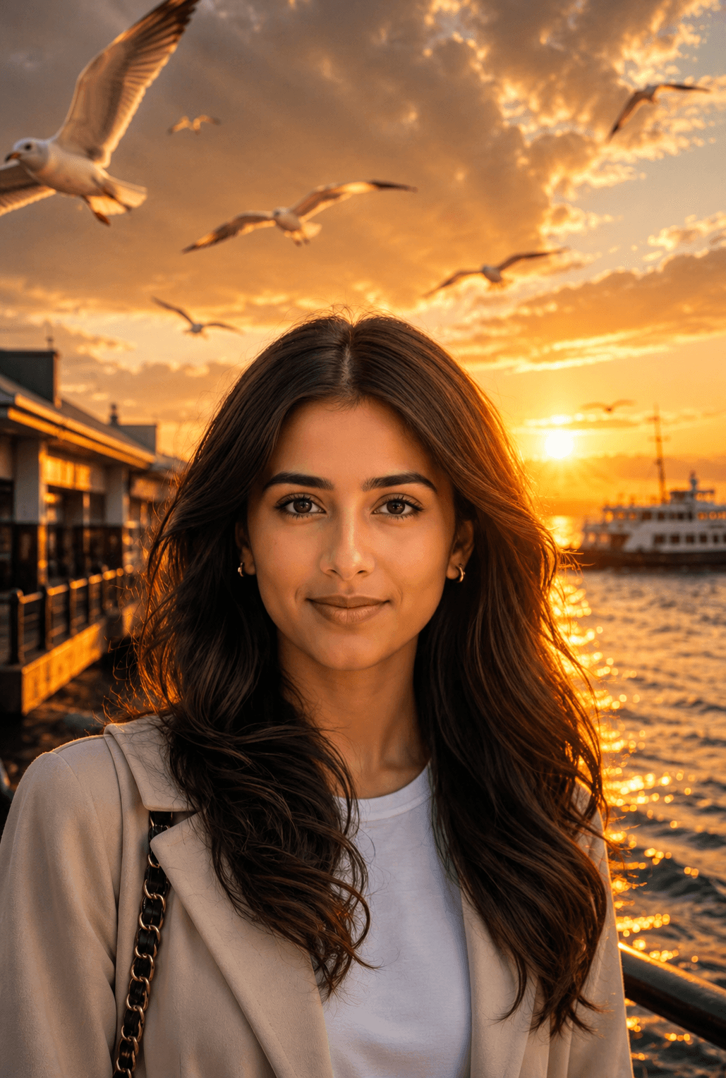 Cinematic Sunset Harbor Portrait AI Prompt | Luxury Travel Editorial Photo Edit