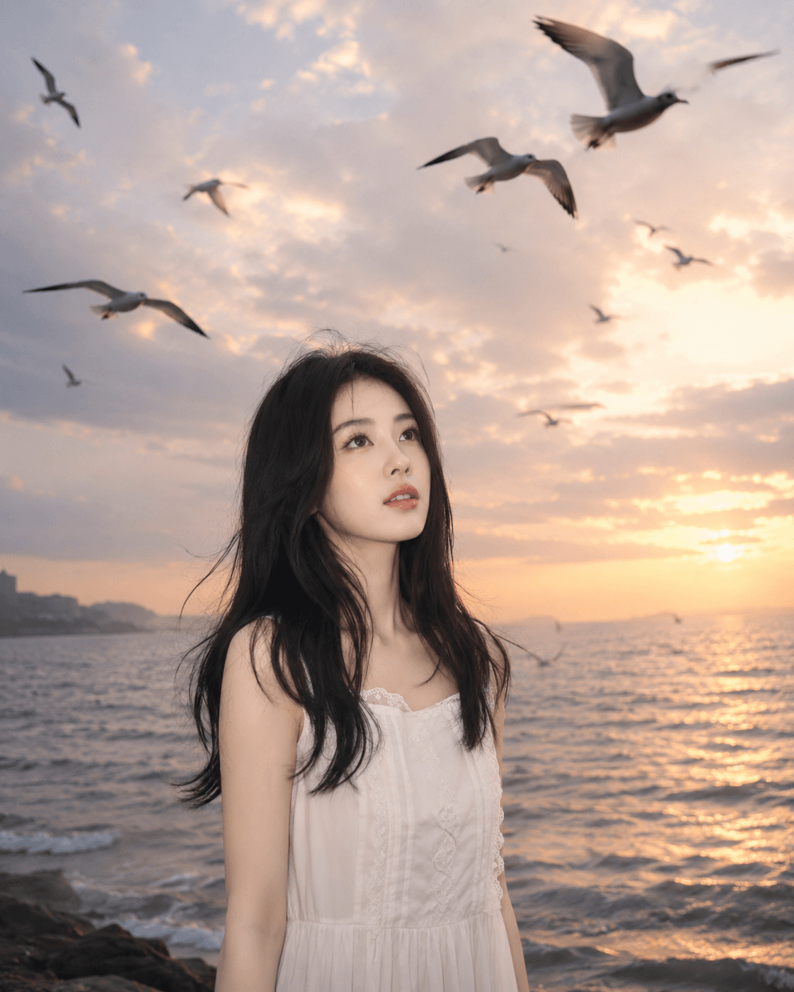 Cinematic Ocean Portrait AI Prompt | Peaceful Sunset Beach Photography with Seagulls
